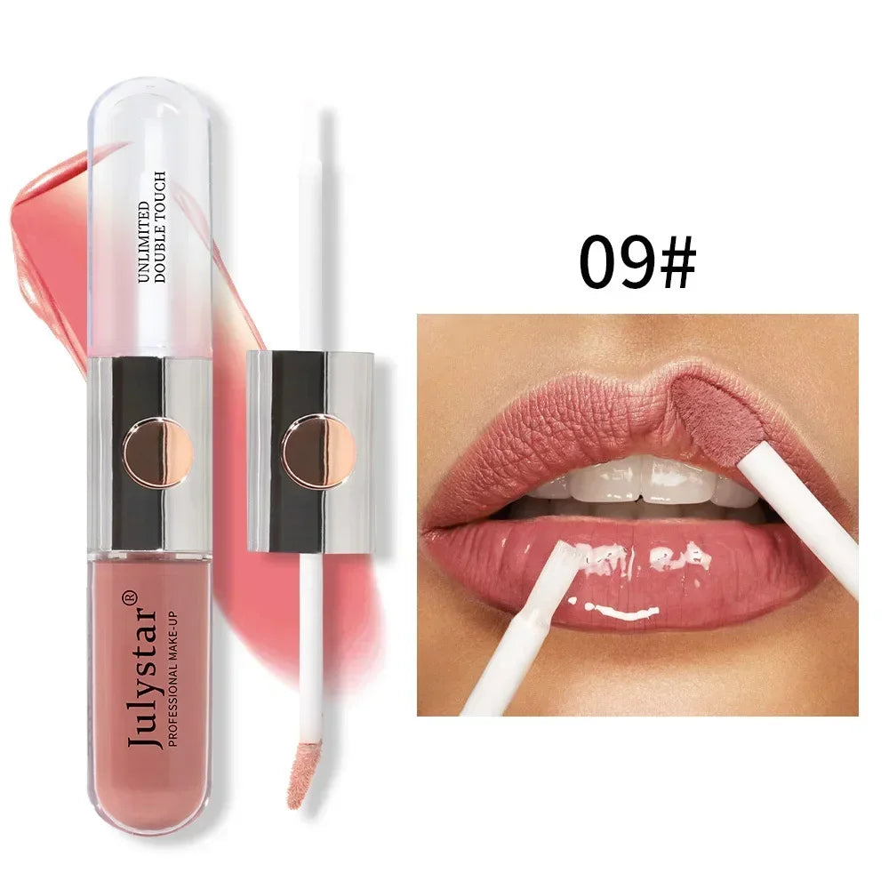 Julystar New Double Head Lip Gloss Lip Oil Set 9 Colors Matte Moisturize Waterproof 2 in 1 Liquid Lipstick Fashion Lip Glaze 6ml