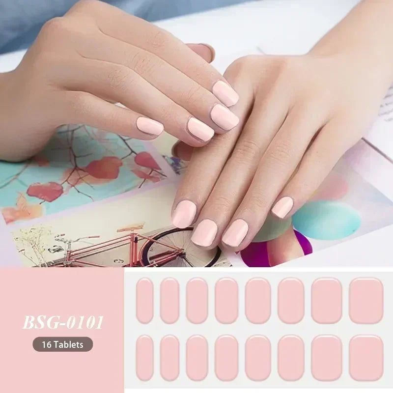 16/20Tips Semi-Cured Nail Wraps Simple Color Adhesive Full Cover Stickers for Nails UV Lamp Need Press On Nails DIY Manicure