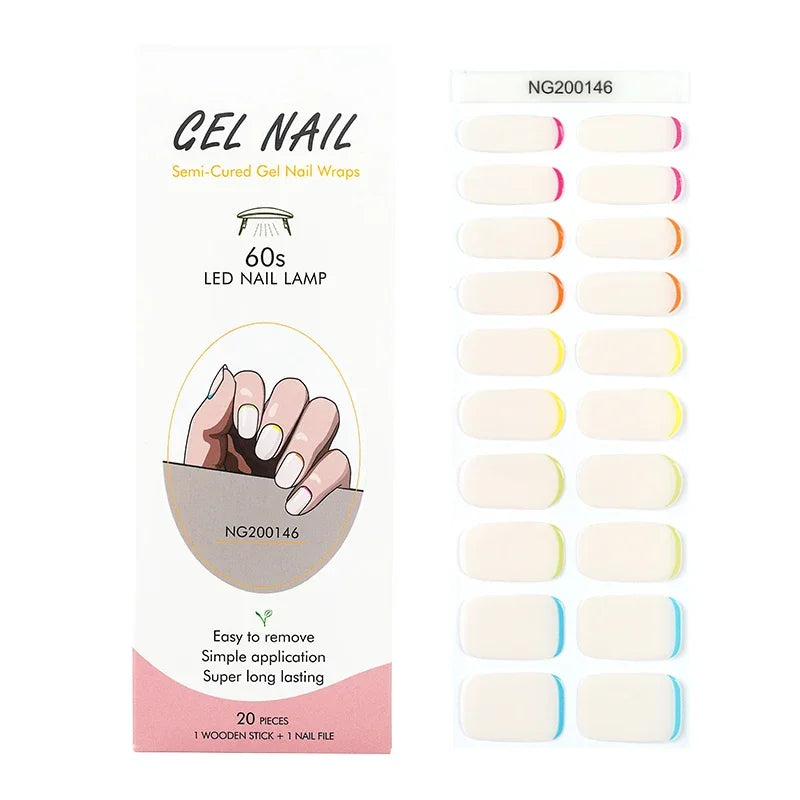 16/20Tips Semi-Cured Nail Wraps Simple Color Adhesive Full Cover Stickers for Nails UV Lamp Need Press On Nails DIY Manicure