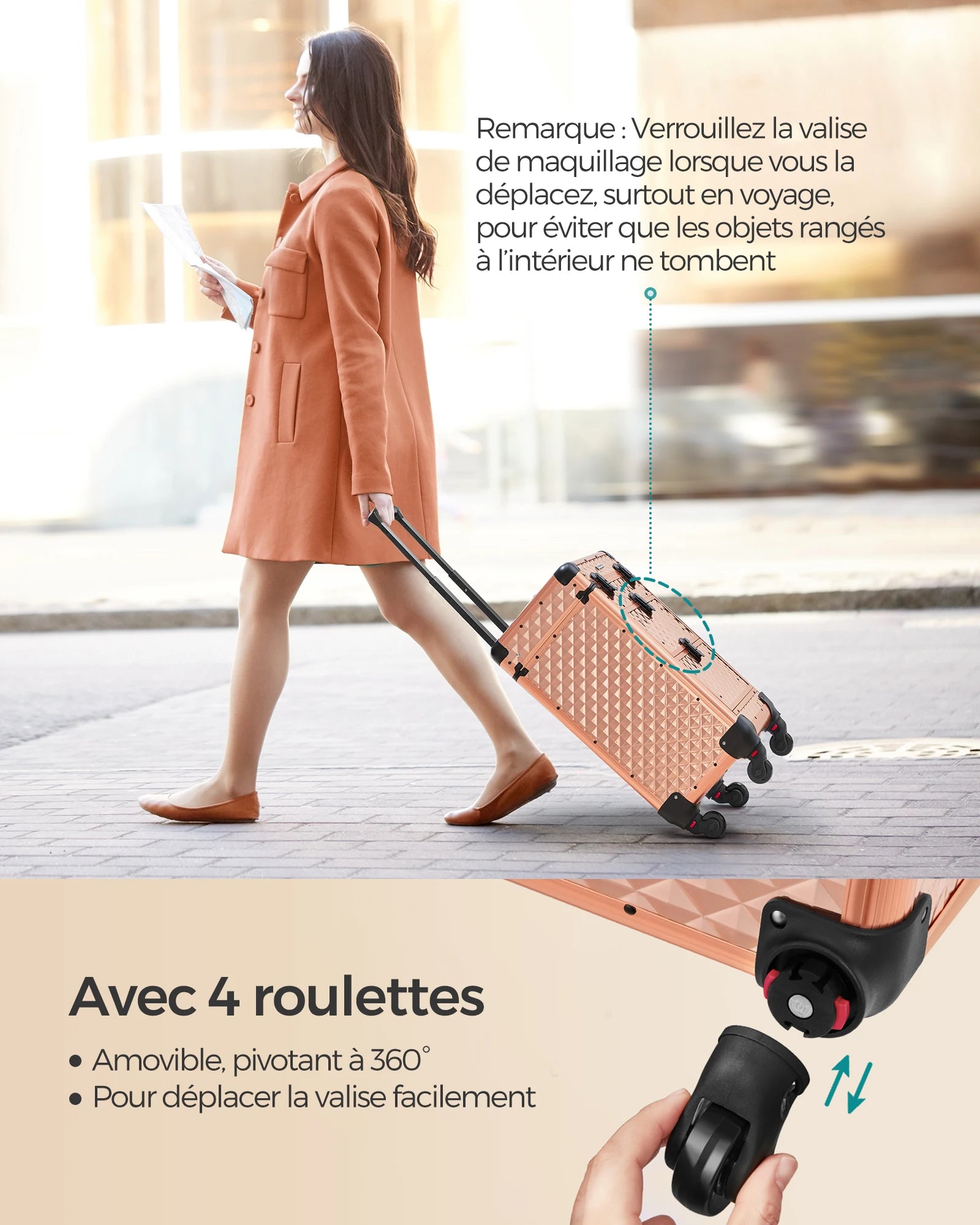 Professional Makeup Case, with 2 Drawers, Large, 34 x 24 x 56 cm, 360° Swivel Wheels, Champagne Gold