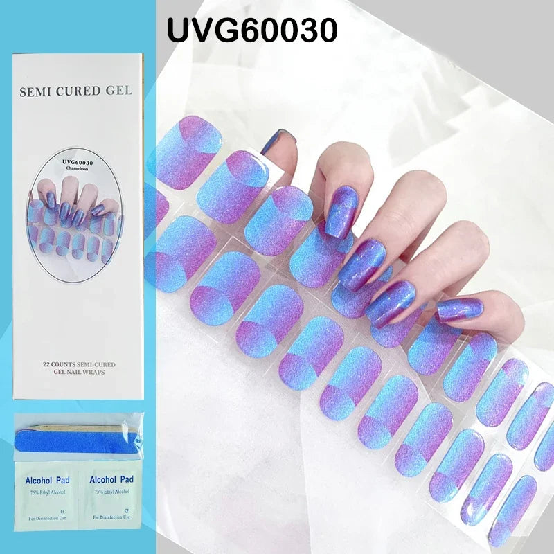 16/20Tips Semi-Cured Nail Wraps Simple Color Adhesive Full Cover Stickers for Nails UV Lamp Need Press On Nails DIY Manicure
