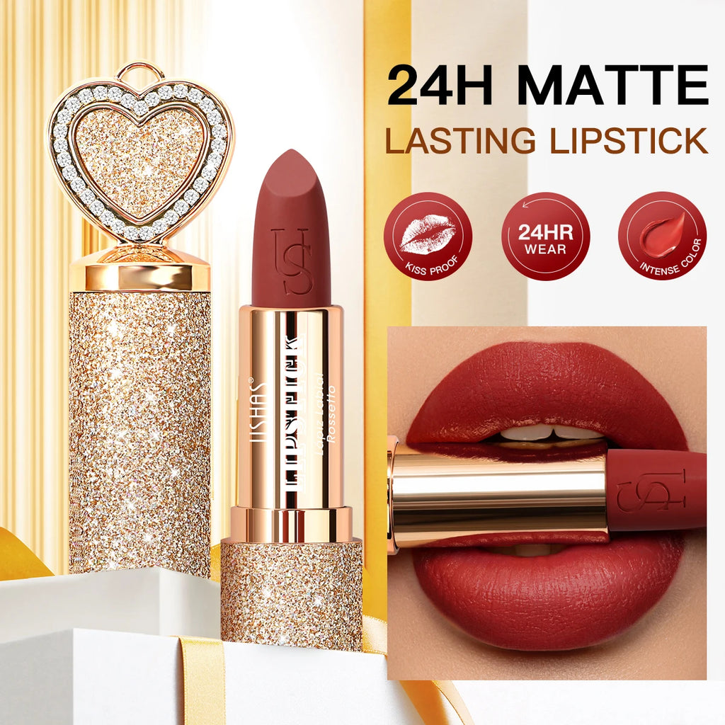 USHAS, Matte lipstick, long-lasting waterproof, moisturizing, non-stick cup, gold shape, with heart-shaped mirror