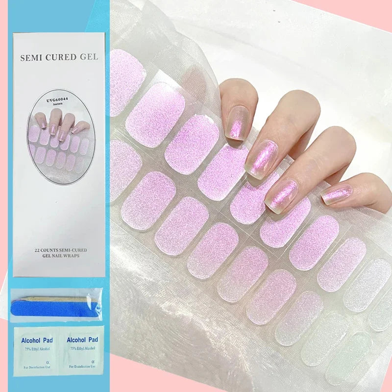 16/20Tips Semi-Cured Nail Wraps Simple Color Adhesive Full Cover Stickers for Nails UV Lamp Need Press On Nails DIY Manicure