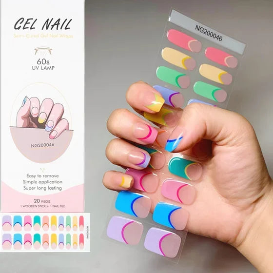 16/20Tips Semi-Cured Nail Wraps Simple Color Adhesive Full Cover Stickers for Nails UV Lamp Need Press On Nails DIY Manicure