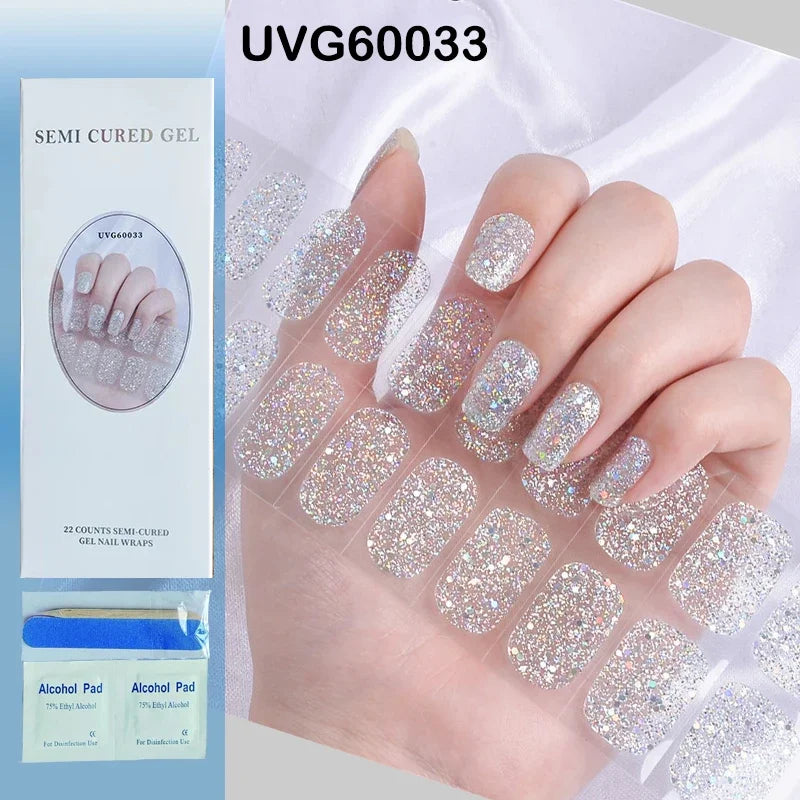16/20Tips Semi-Cured Nail Wraps Simple Color Adhesive Full Cover Stickers for Nails UV Lamp Need Press On Nails DIY Manicure