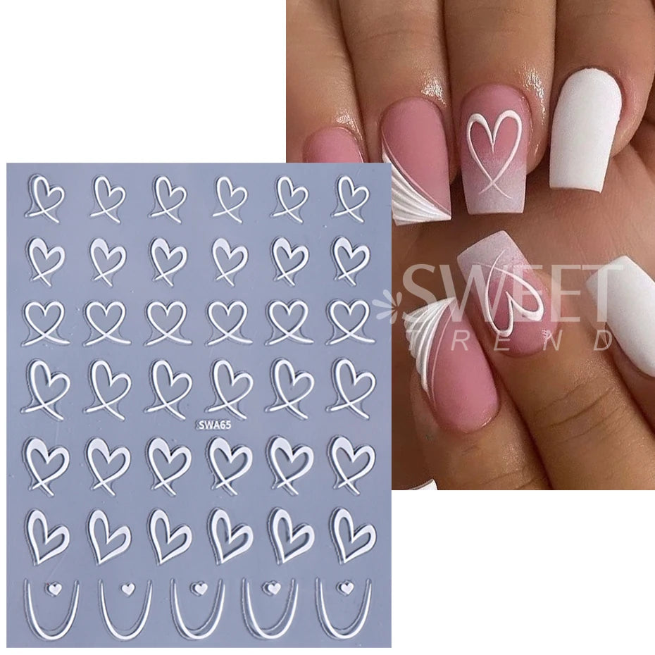 3pcs Valentine's Day Nail Art Stickers 3D Black White Pink Lines Love Heart Nail Decals DIY Adhesive Slider Manicure Decorations