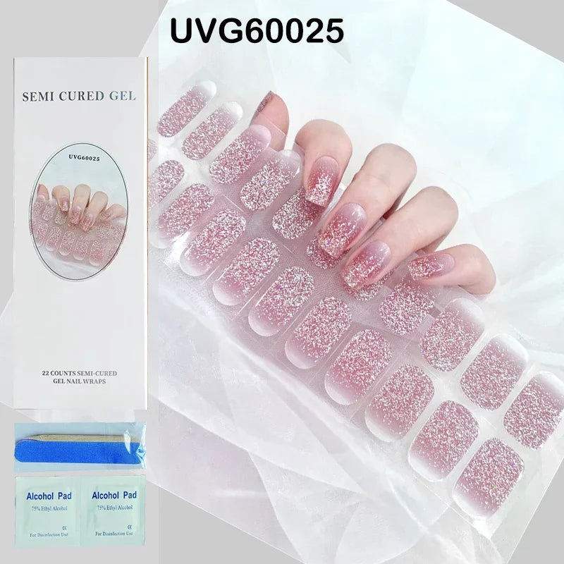 16/20Tips Semi-Cured Nail Wraps Simple Color Adhesive Full Cover Stickers for Nails UV Lamp Need Press On Nails DIY Manicure