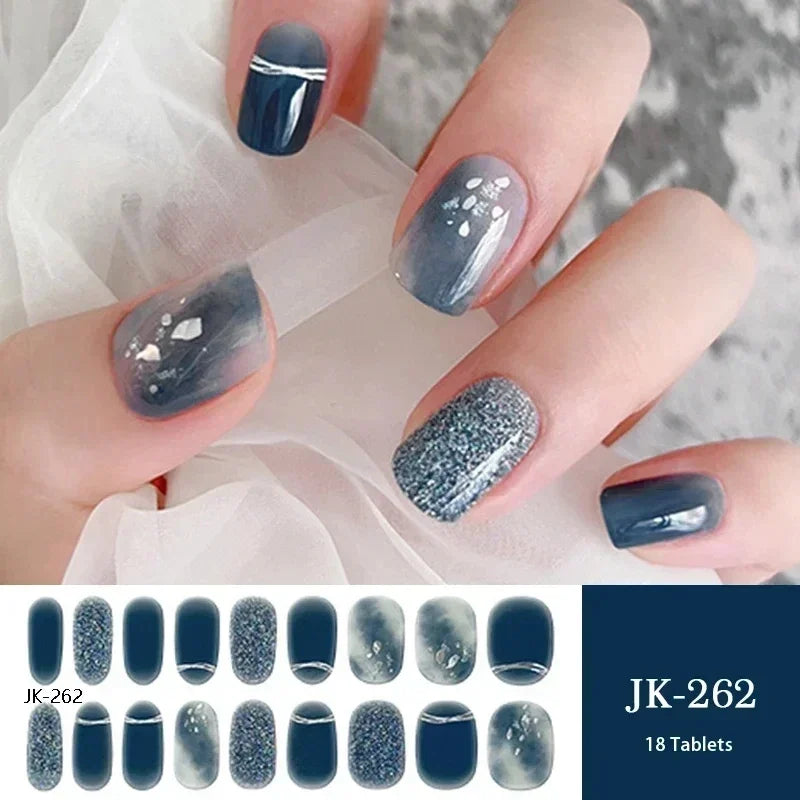 16/20Tips Semi-Cured Nail Wraps Simple Color Adhesive Full Cover Stickers for Nails UV Lamp Need Press On Nails DIY Manicure
