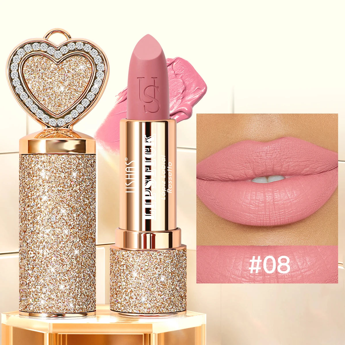 USHAS, Matte lipstick, long-lasting waterproof, moisturizing, non-stick cup, gold shape, with heart-shaped mirror