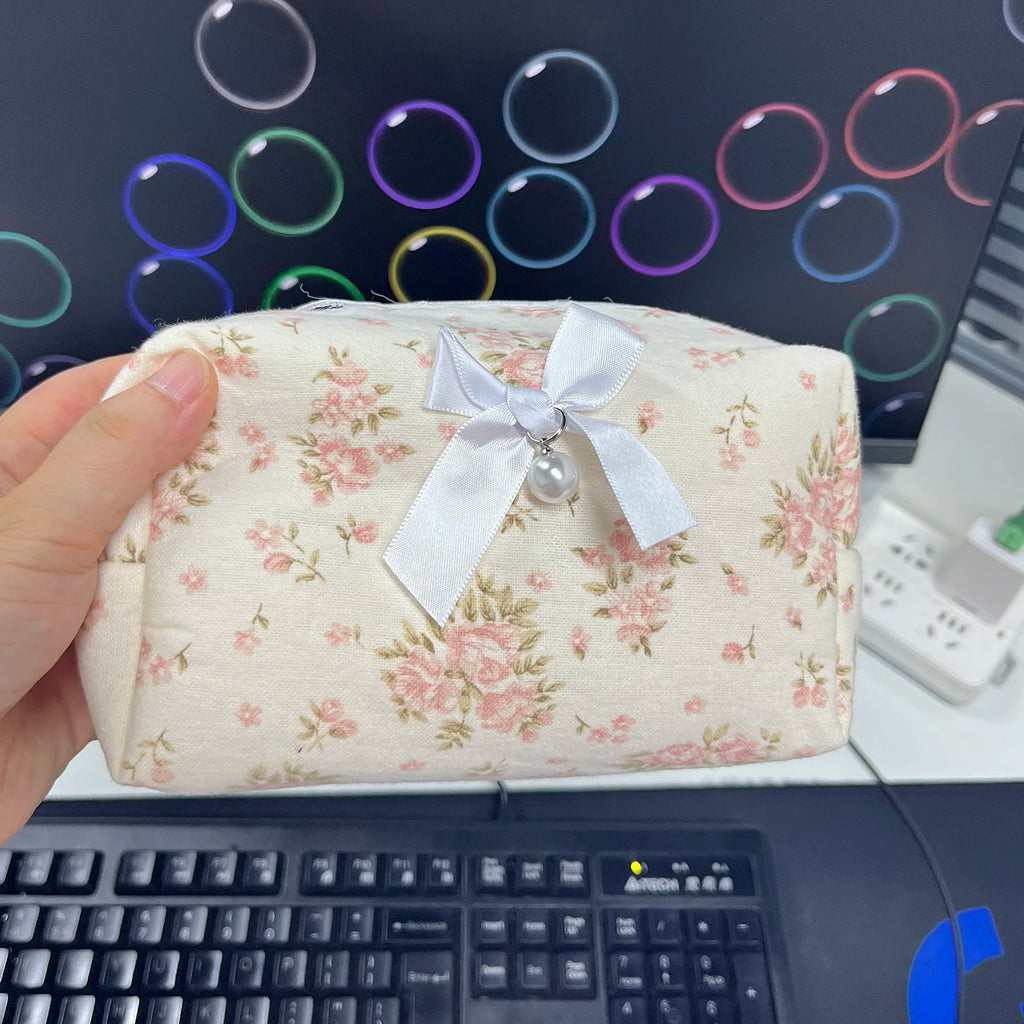 Women Lace Bow Cosmetic Bag Large Capacity Makeup Organizer Travel Toiletry Bag Storage Bag Zipper Ruffles Pencil Case