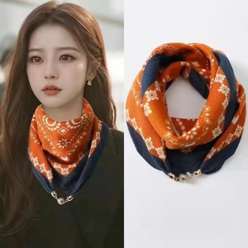 Luxury Magnetic Buckle Print Silk Scarf for Women Autumn and Winter New Fashion Soft Satin Neckerchief High-end Neck Scarf ﻿