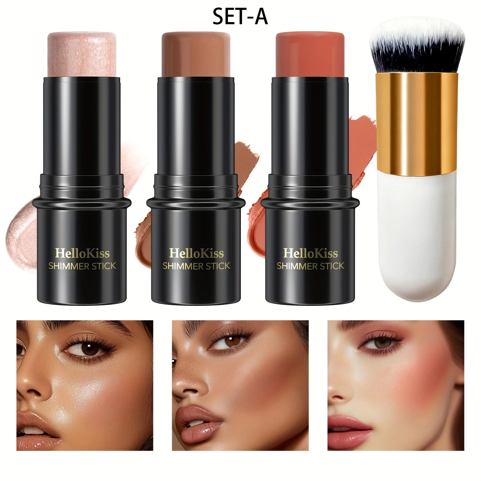 4pcs Contour Stick Set, Highlighter, Blush & Bronzer with Highlight Brush Long-Lasting, Perfect for Halloween & Graduation Gifts