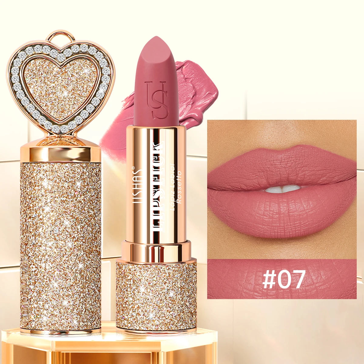 USHAS, Matte lipstick, long-lasting waterproof, moisturizing, non-stick cup, gold shape, with heart-shaped mirror