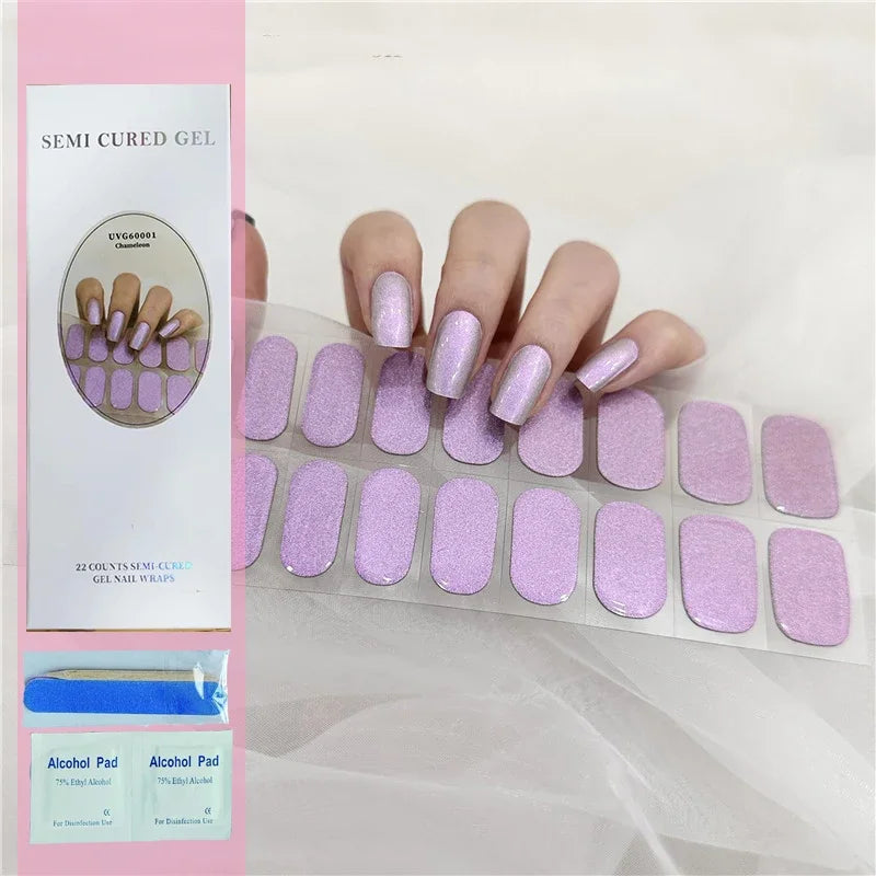16/20Tips Semi-Cured Nail Wraps Simple Color Adhesive Full Cover Stickers for Nails UV Lamp Need Press On Nails DIY Manicure