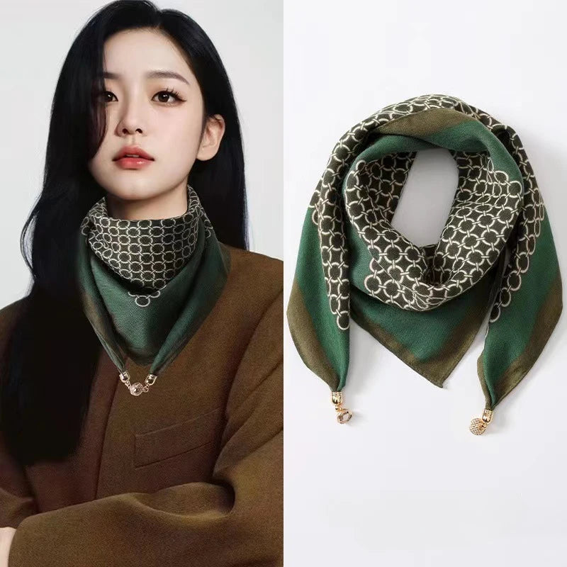 Luxury Magnetic Buckle Print Silk Scarf for Women Autumn and Winter New Fashion Soft Satin Neckerchief High-end Neck Scarf ﻿