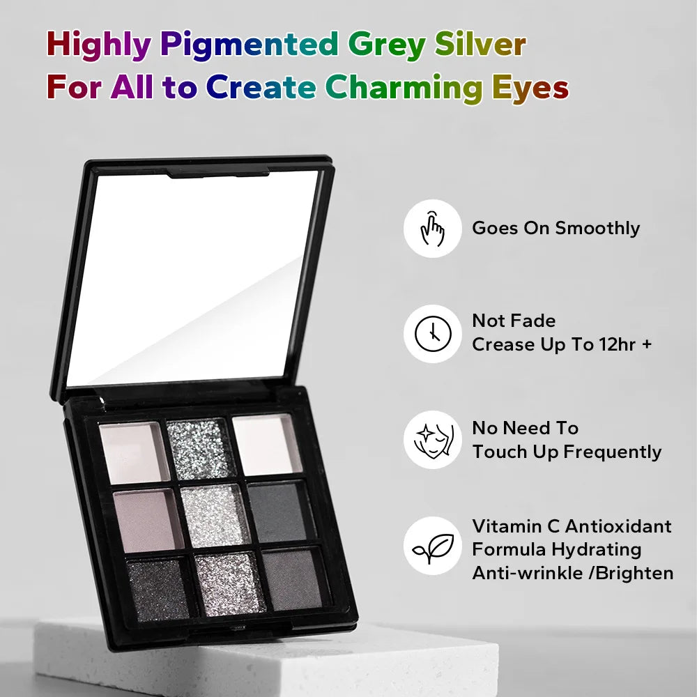 9 Colors Eye Shadow Palette Dark Black Grey Silvery Shimmer Matte Finish Smokey Style for Stage Party Performance Makeup