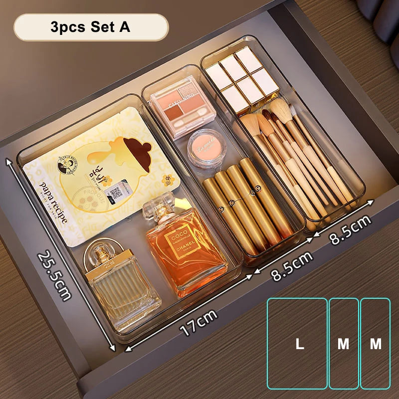 Clear Plastic Storage Box Vanity Drawer Makeup Jewelries Organizer Stackable Kitchen Bathroom Desktop Accessories Storage Tray