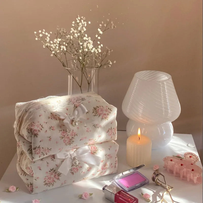 Women Lace Bow Cosmetic Bag Large Capacity Makeup Organizer Travel Toiletry Bag Storage Bag Zipper Ruffles Pencil Case