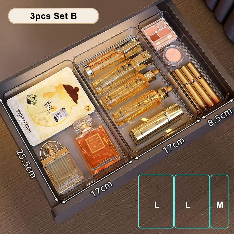 Clear Plastic Storage Box Vanity Drawer Makeup Jewelries Organizer Stackable Kitchen Bathroom Desktop Accessories Storage Tray