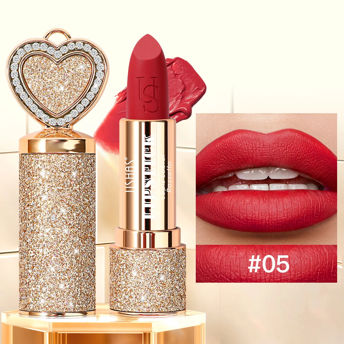 USHAS, Matte lipstick, long-lasting waterproof, moisturizing, non-stick cup, gold shape, with heart-shaped mirror
