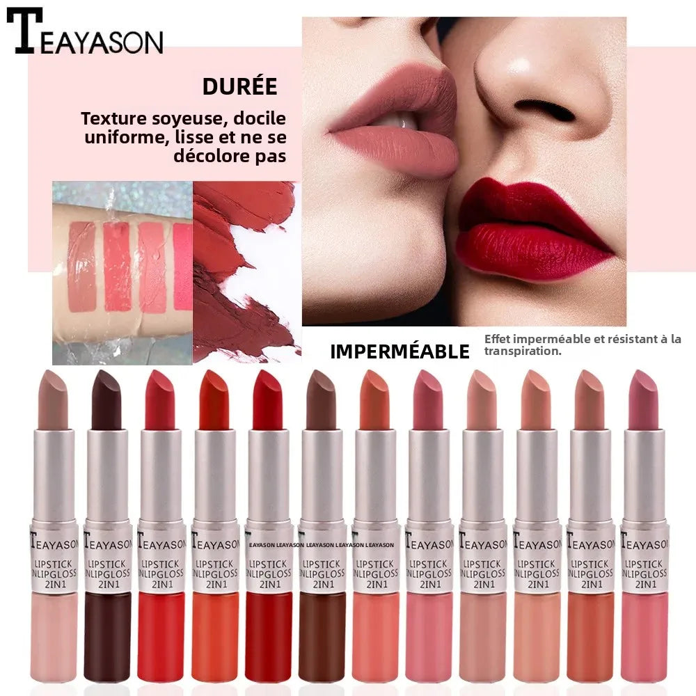 1PC Pink Matte Lipstick Waterproof Long-Lasting Moisture 2-in-1 Lip Tint Sexy Lip Gloss Lip Makeup for Women