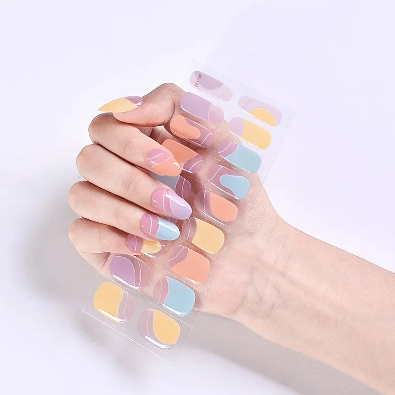 16/20Tips Semi-Cured Nail Wraps Simple Color Adhesive Full Cover Stickers for Nails UV Lamp Need Press On Nails DIY Manicure