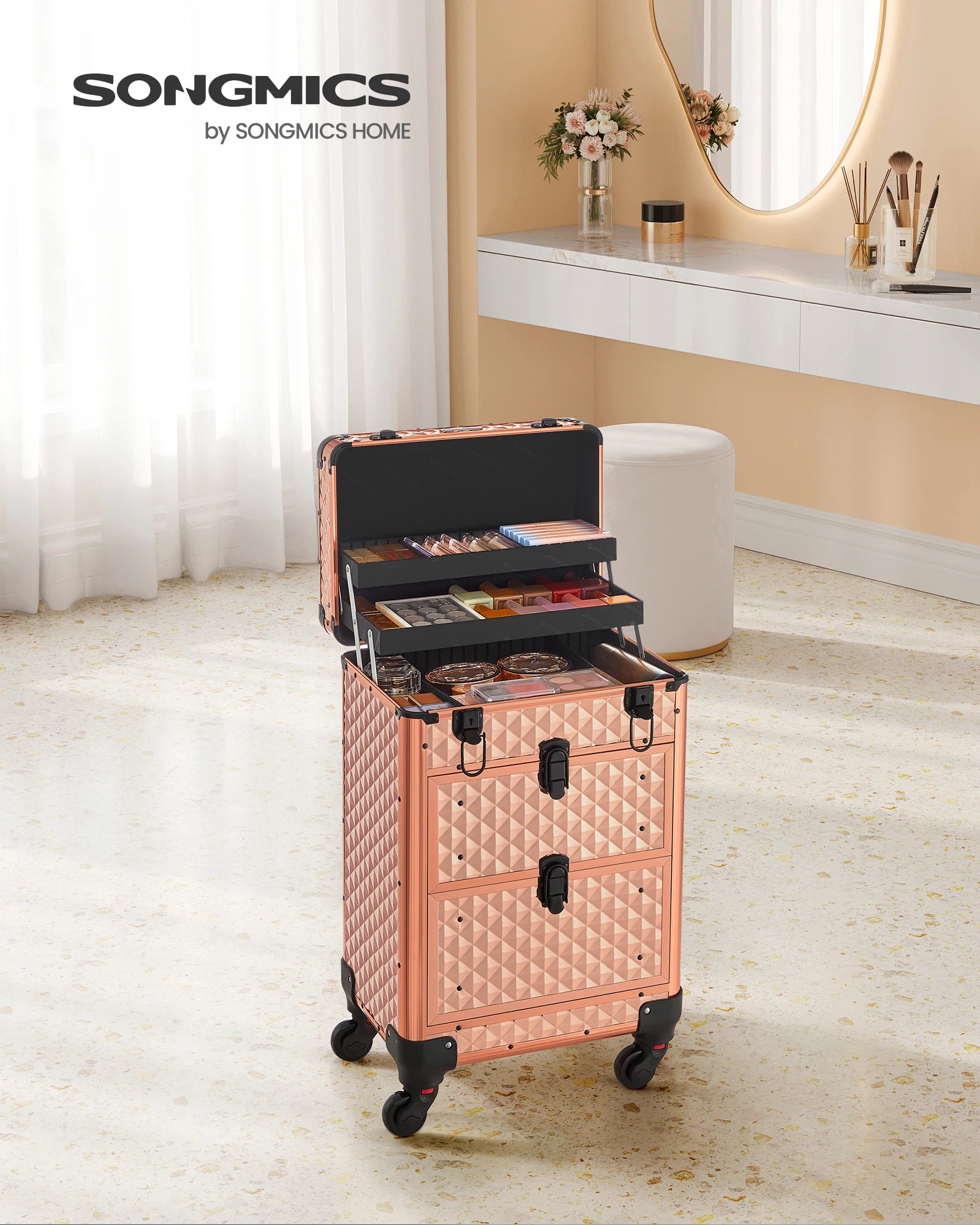 Professional Makeup Case, with 2 Drawers, Large, 34 x 24 x 56 cm, 360° Swivel Wheels, Champagne Gold