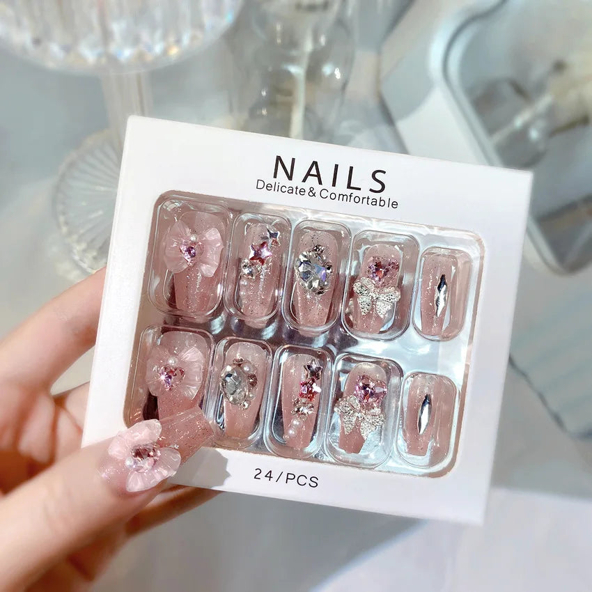 24Pcs Lace Bow Press-on Nails Valentine's Day Diamond Pearl Red Heart False Nails New Almond Wear Nail for Women and Girls