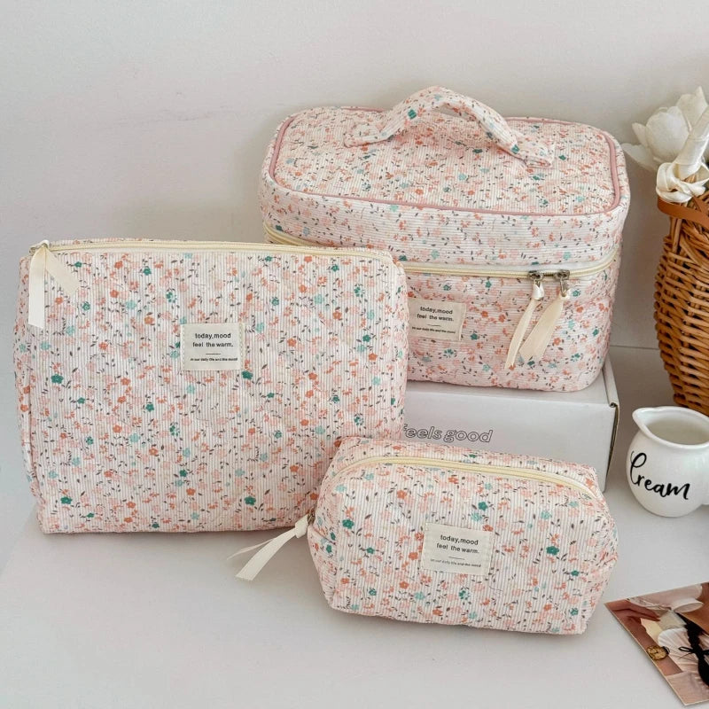 Vintage Corduroy Women's Floral Cosmetic Bag Retro Ladies Travel Storage Bags Handbags Portable Female Makeup Case Clutch Purse