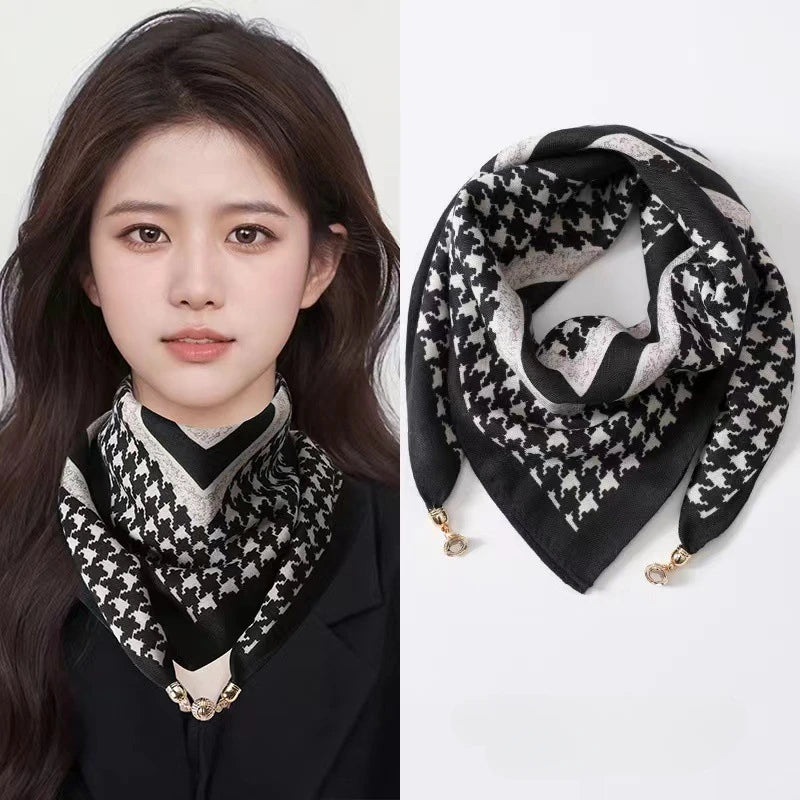 Luxury Magnetic Buckle Print Silk Scarf for Women Autumn and Winter New Fashion Soft Satin Neckerchief High-end Neck Scarf ﻿