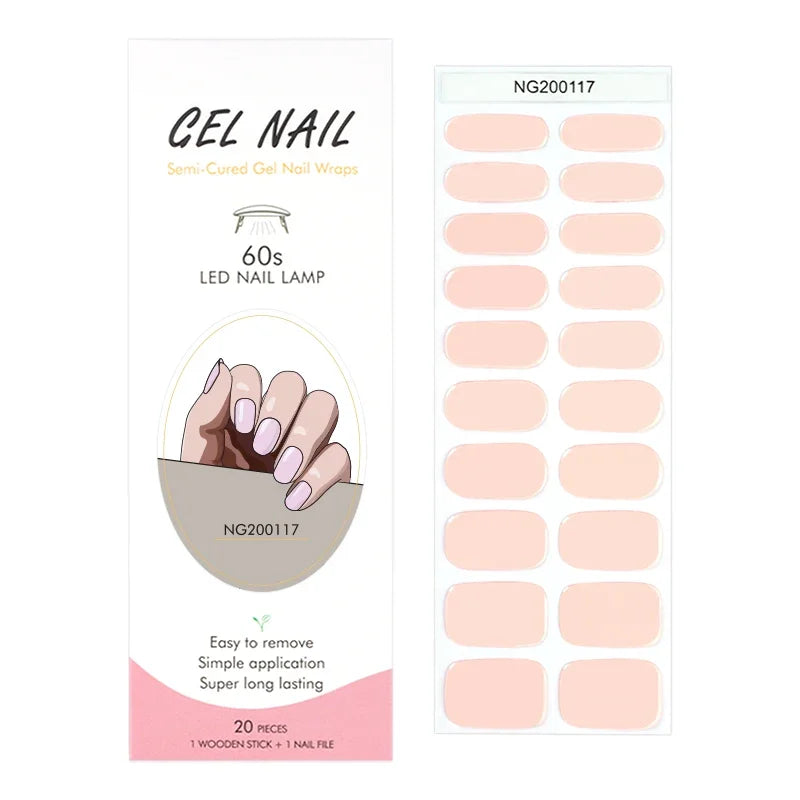 16/20Tips Semi-Cured Nail Wraps Simple Color Adhesive Full Cover Stickers for Nails UV Lamp Need Press On Nails DIY Manicure
