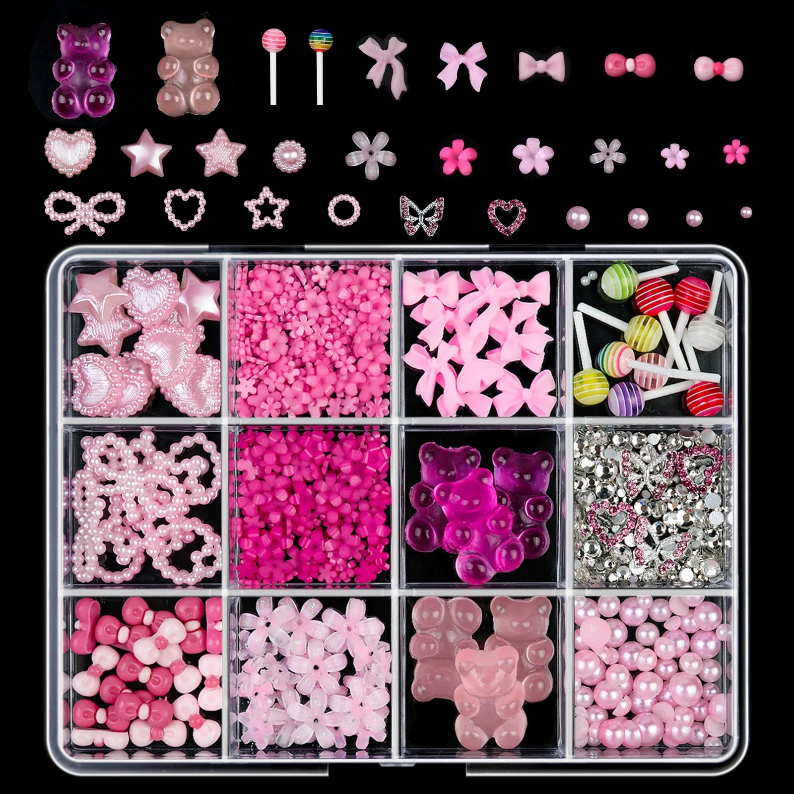 12Grids/box Mixed Resin Bowknot Nail Art Decorations 3D Acrylic Charms Kawaii Colorful Bow Rhinestone DIY Manicure Tools Parts