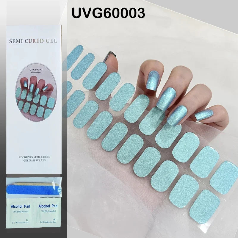 16/20Tips Semi-Cured Nail Wraps Simple Color Adhesive Full Cover Stickers for Nails UV Lamp Need Press On Nails DIY Manicure