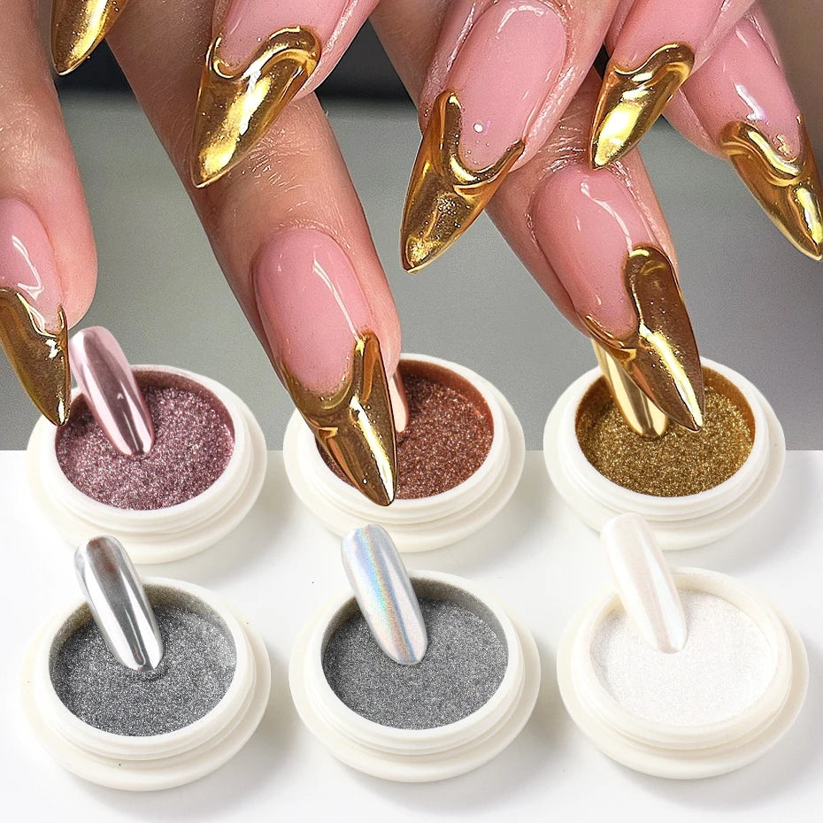 6pcs Chrome Mirror White Nail Powder Pigment Gold Silver Rubbing Holographic Aurora Iridescent Metallic Nail ArtPower Decoration