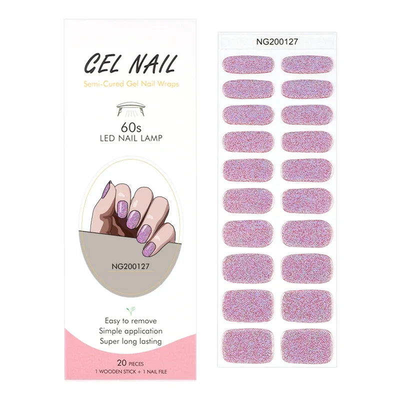 16/20Tips Semi-Cured Nail Wraps Simple Color Adhesive Full Cover Stickers for Nails UV Lamp Need Press On Nails DIY Manicure