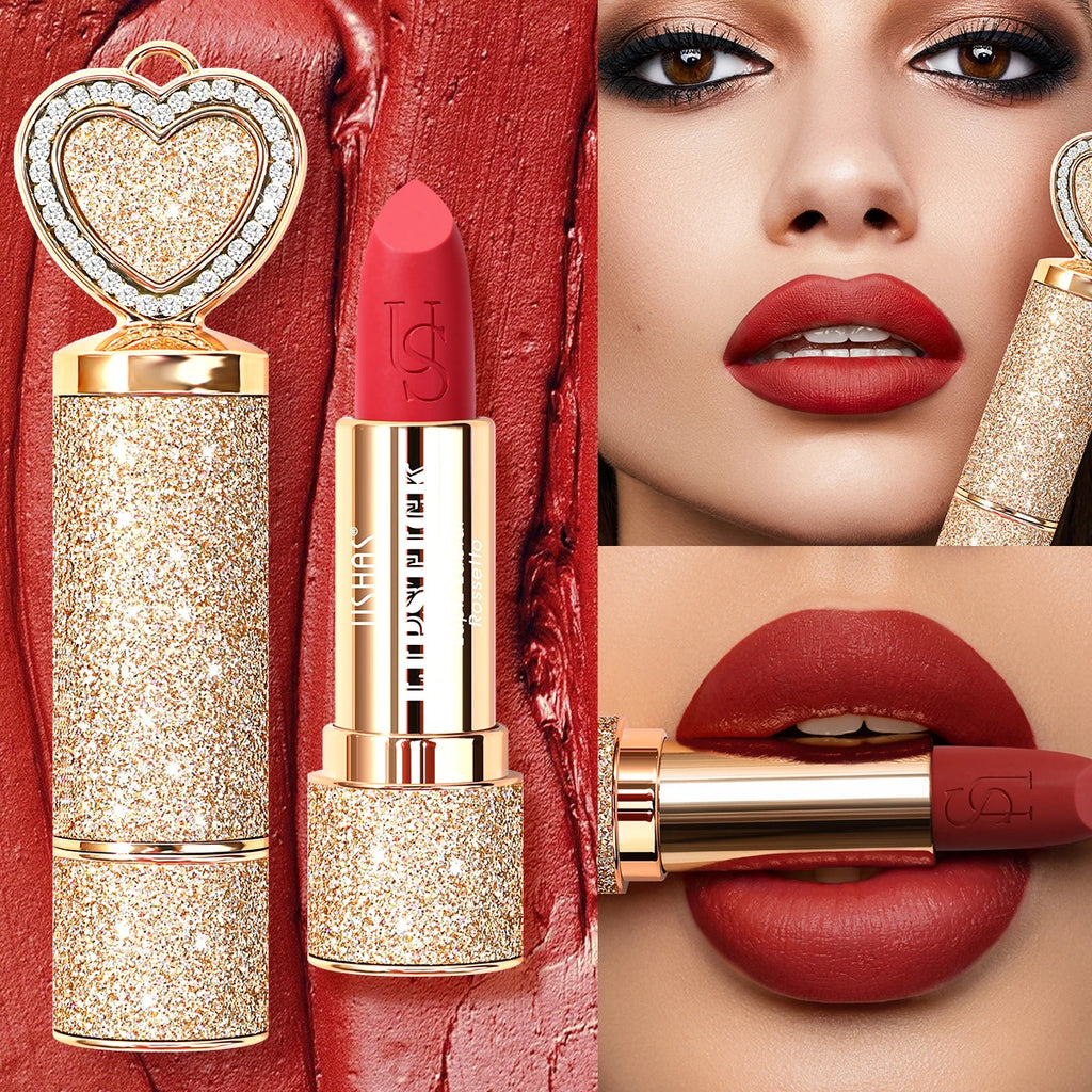 USHAS, Matte lipstick, long-lasting waterproof, moisturizing, non-stick cup, gold shape, with heart-shaped mirror