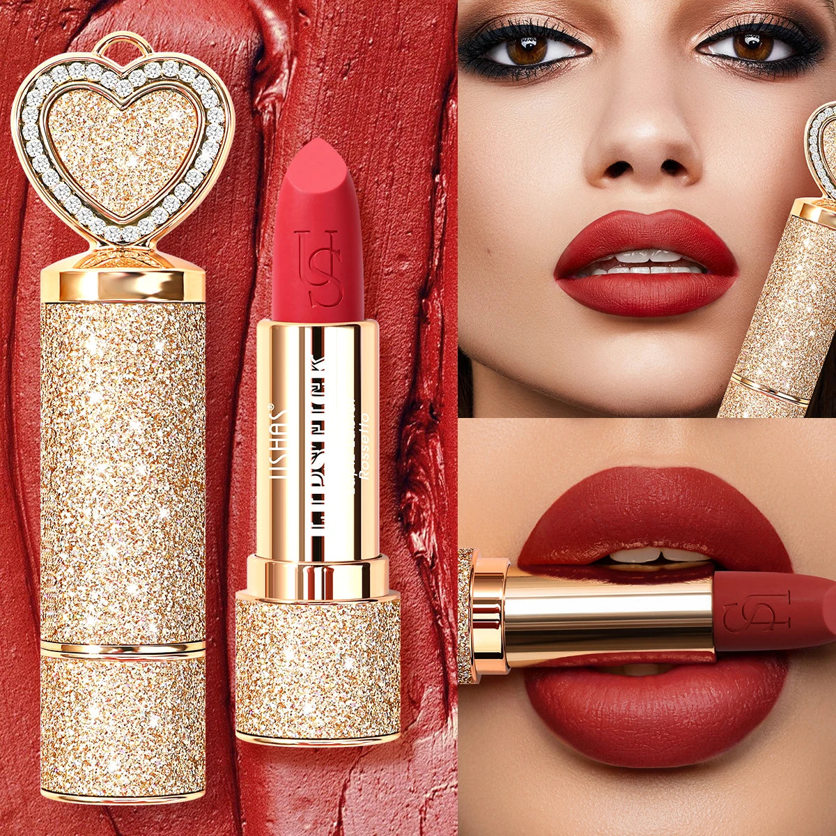USHAS, Matte lipstick, long-lasting waterproof, moisturizing, non-stick cup, gold shape, with heart-shaped mirror