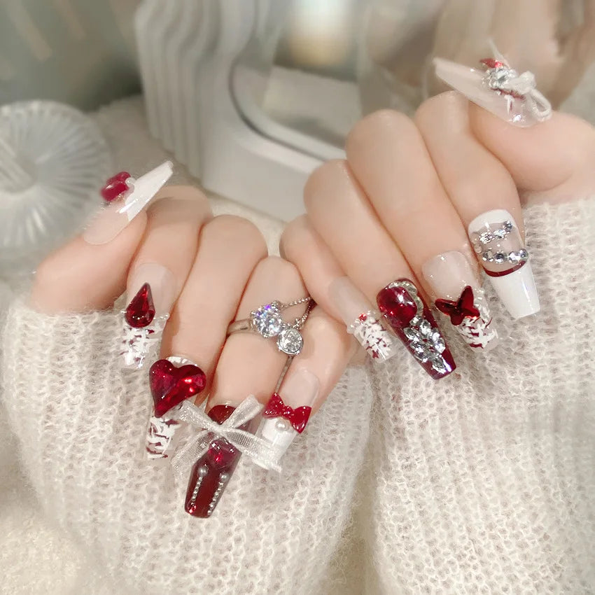 24Pcs Lace Bow Press-on Nails Valentine's Day Diamond Pearl Red Heart False Nails New Almond Wear Nail for Women and Girls