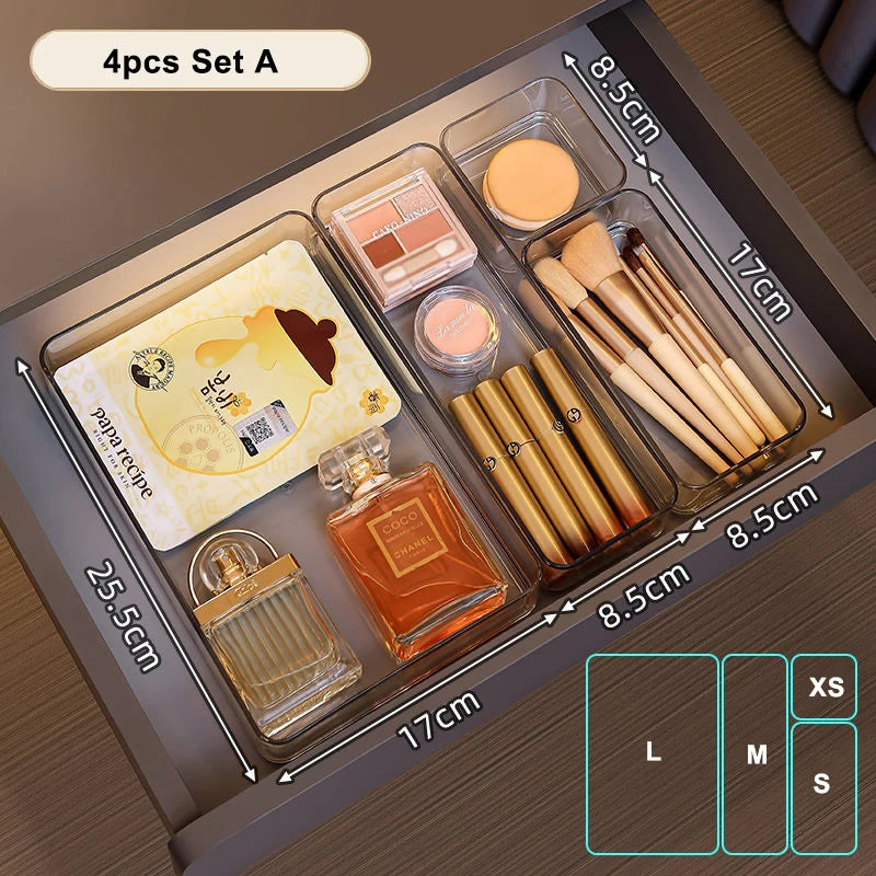 Clear Plastic Storage Box Vanity Drawer Makeup Jewelries Organizer Stackable Kitchen Bathroom Desktop Accessories Storage Tray