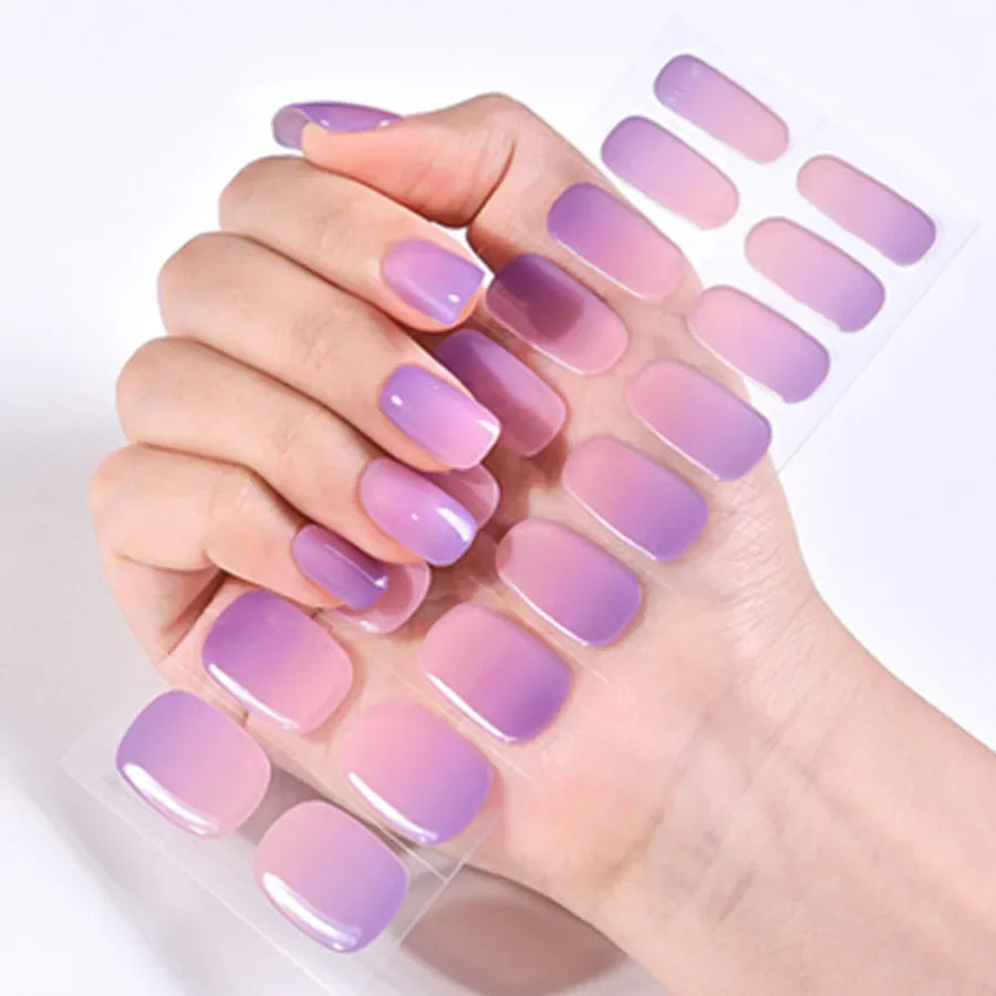 16/20Tips Semi-Cured Nail Wraps Simple Color Adhesive Full Cover Stickers for Nails UV Lamp Need Press On Nails DIY Manicure