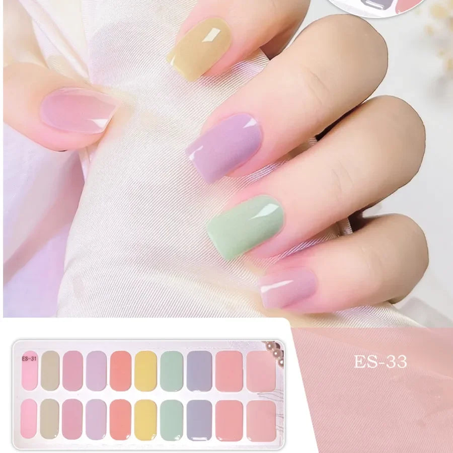16/20Tips Semi-Cured Nail Wraps Simple Color Adhesive Full Cover Stickers for Nails UV Lamp Need Press On Nails DIY Manicure