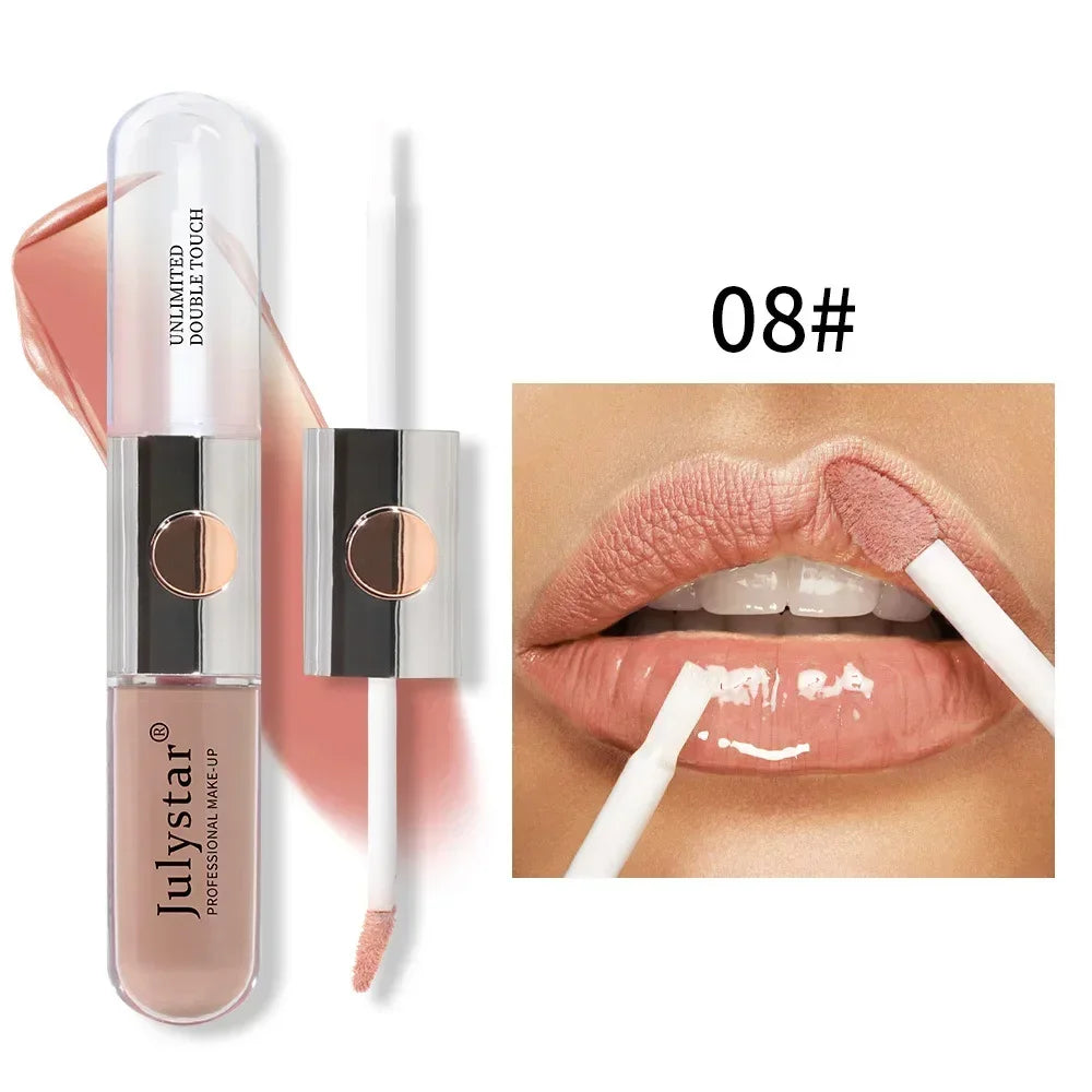 Julystar New Double Head Lip Gloss Lip Oil Set 9 Colors Matte Moisturize Waterproof 2 in 1 Liquid Lipstick Fashion Lip Glaze 6ml