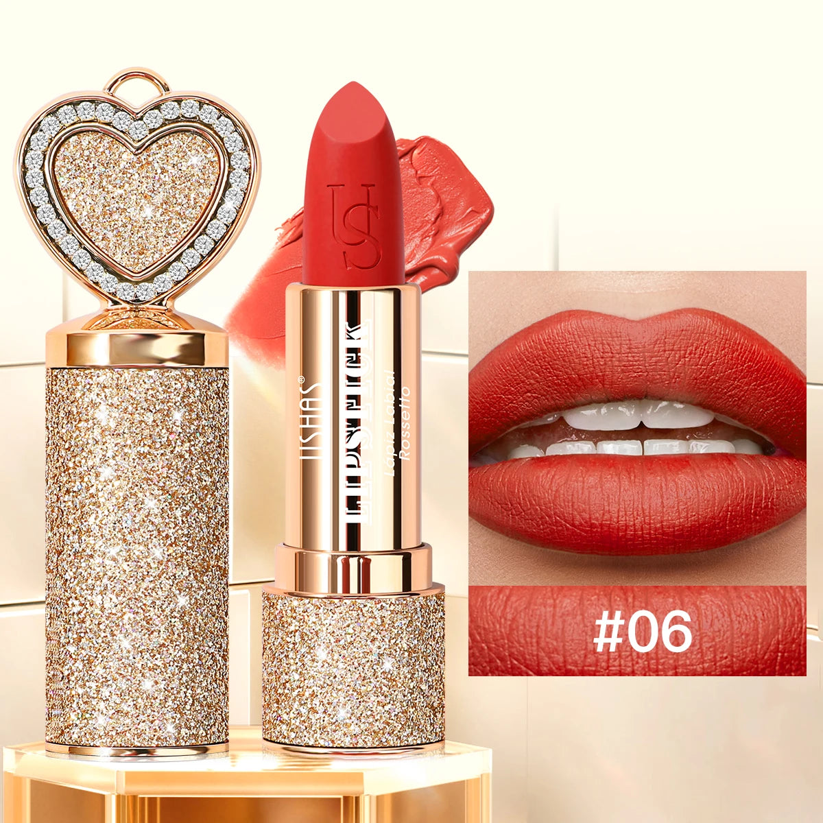 USHAS, Matte lipstick, long-lasting waterproof, moisturizing, non-stick cup, gold shape, with heart-shaped mirror