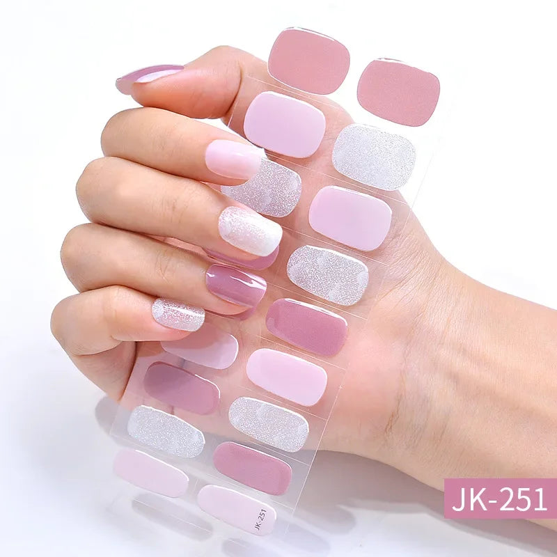 16/20Tips Semi-Cured Nail Wraps Simple Color Adhesive Full Cover Stickers for Nails UV Lamp Need Press On Nails DIY Manicure