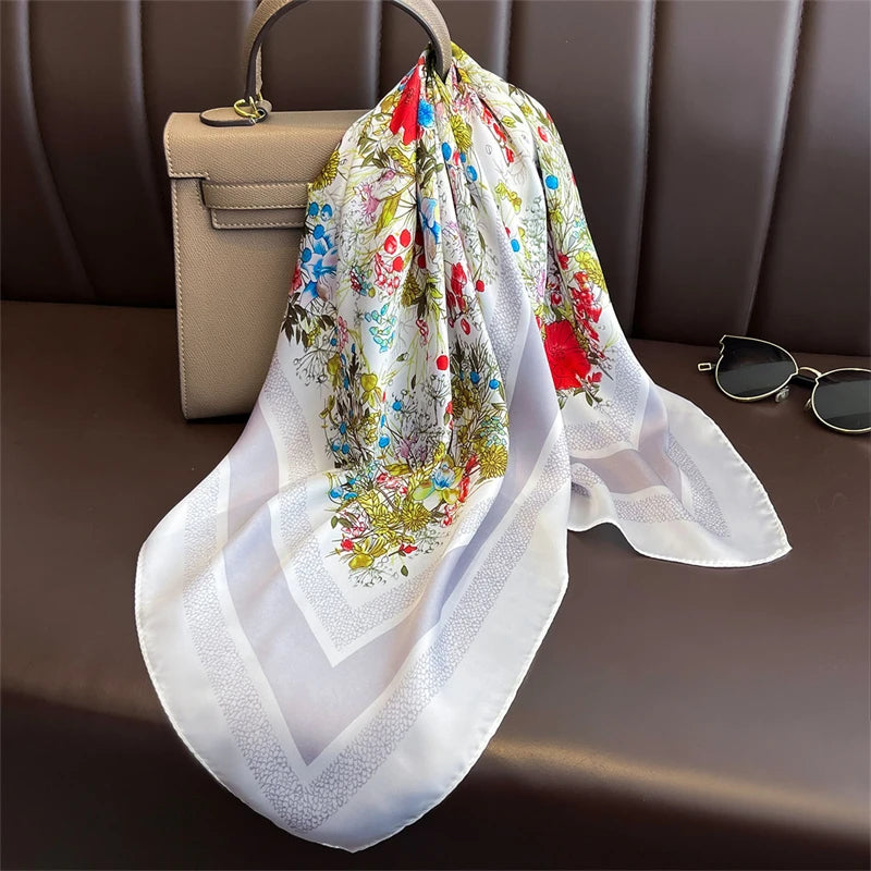 70cm Square Lemon Print Yellow Square Silk Scarf Casual Elegant Thin Breathable Neck Women Windproof Head Wrap Hair Scarves