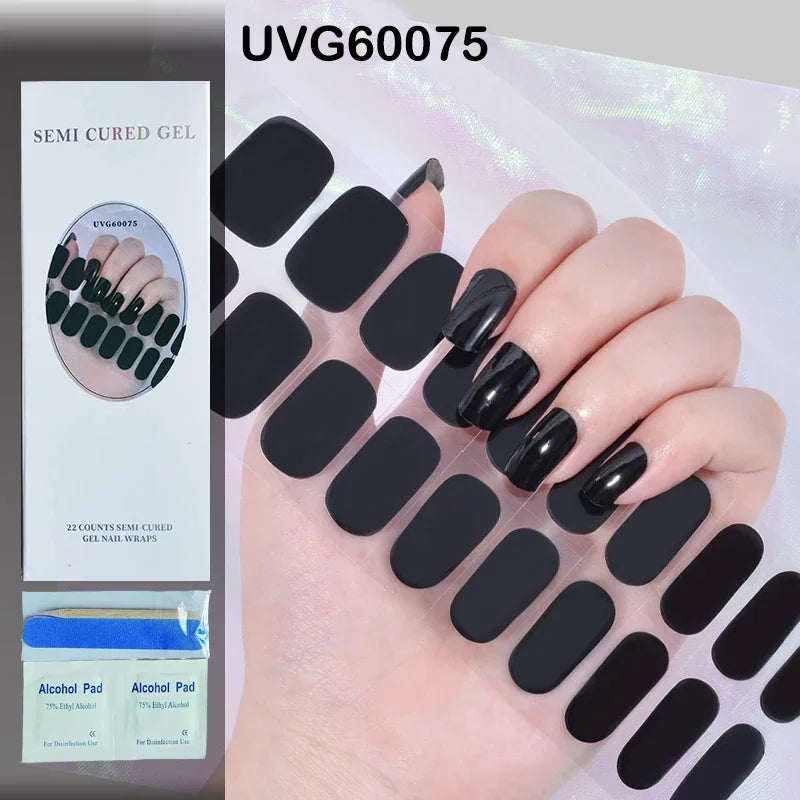 16/20Tips Semi-Cured Nail Wraps Simple Color Adhesive Full Cover Stickers for Nails UV Lamp Need Press On Nails DIY Manicure