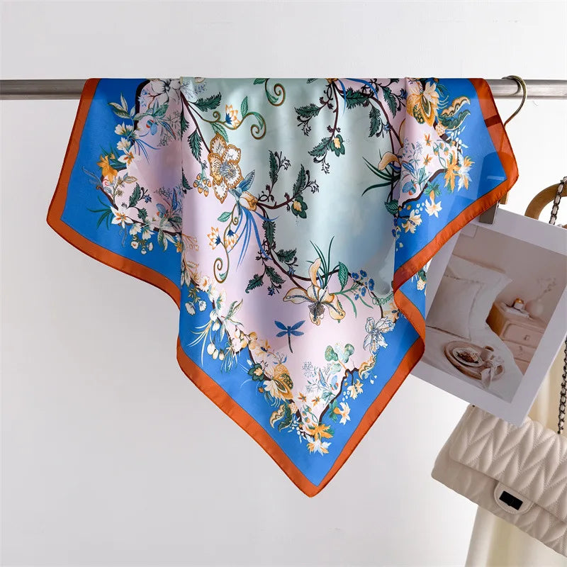 70cm Square Lemon Print Yellow Square Silk Scarf Casual Elegant Thin Breathable Neck Women Windproof Head Wrap Hair Scarves