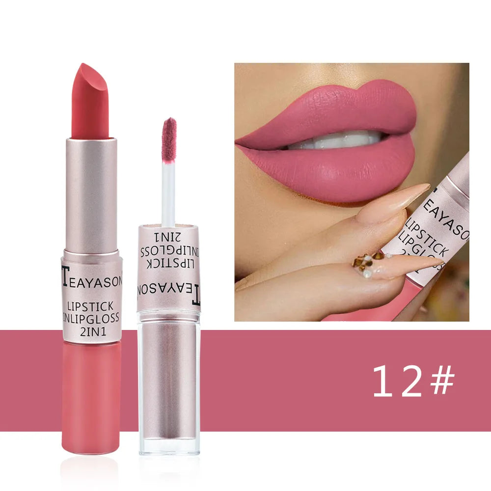 1PC Pink Matte Lipstick Waterproof Long-Lasting Moisture 2-in-1 Lip Tint Sexy Lip Gloss Lip Makeup for Women