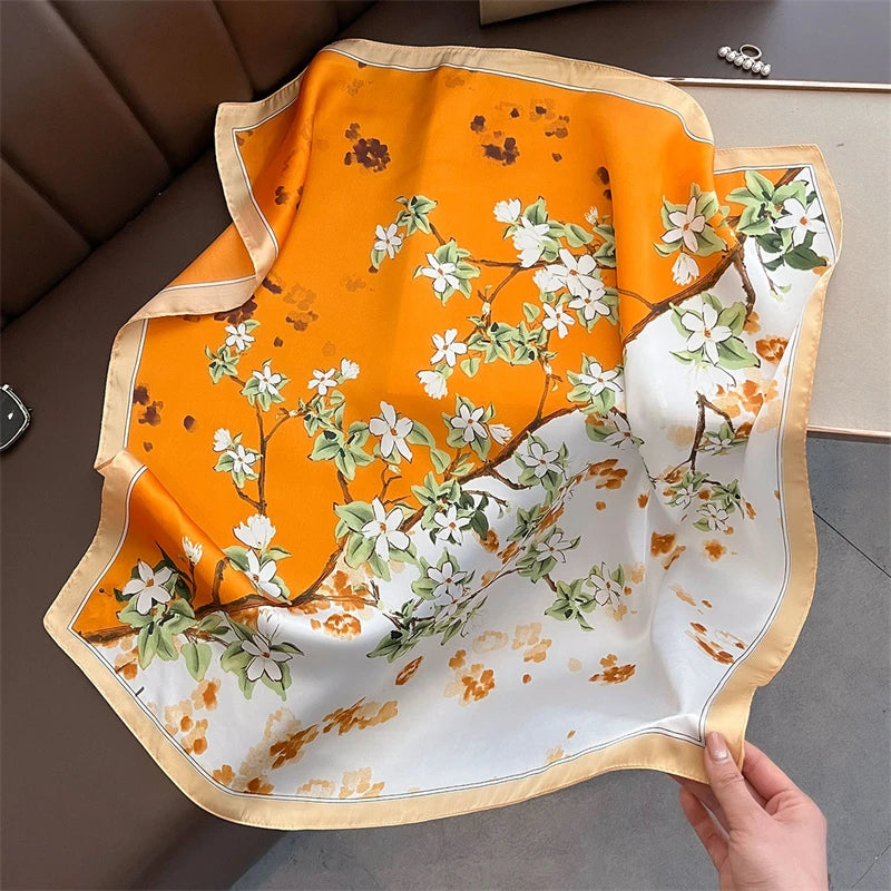 70cm Square Lemon Print Yellow Square Silk Scarf Casual Elegant Thin Breathable Neck Women Windproof Head Wrap Hair Scarves