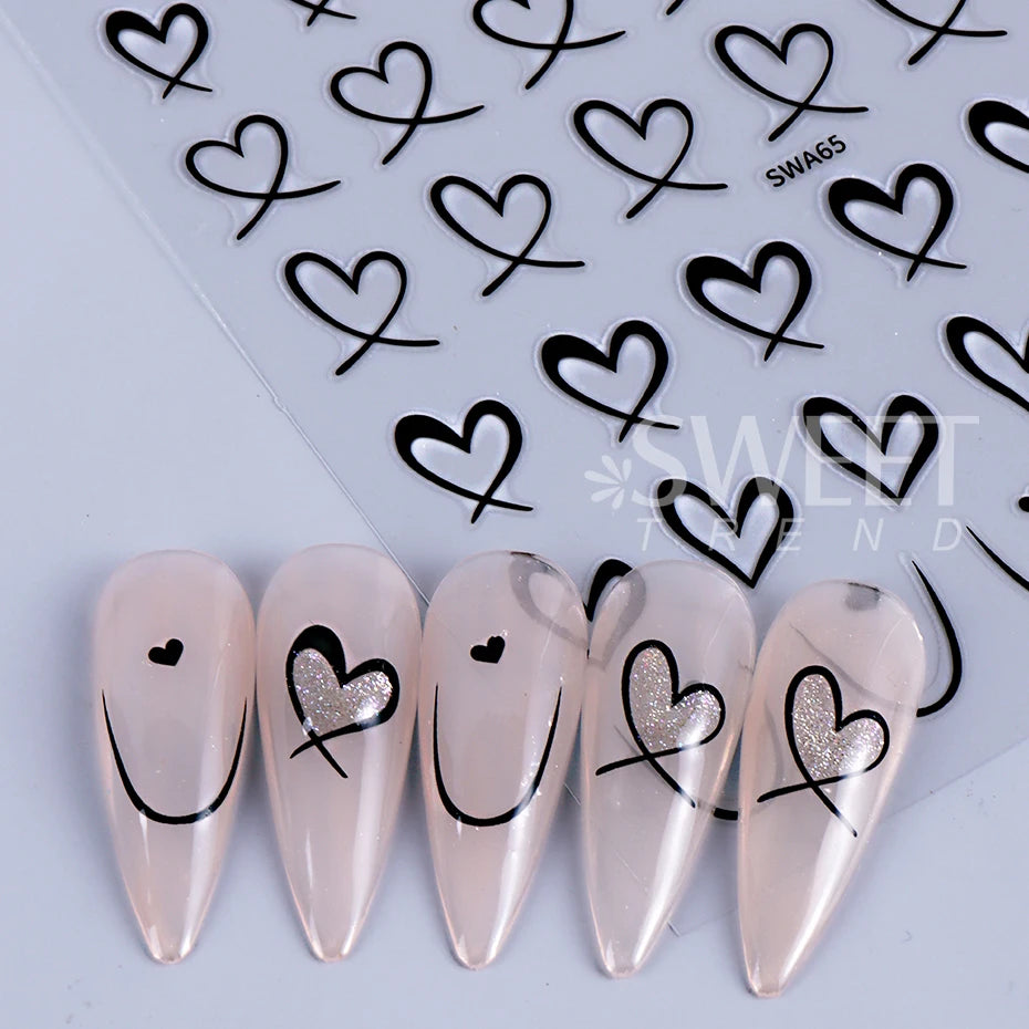 3pcs Valentine's Day Nail Art Stickers 3D Black White Pink Lines Love Heart Nail Decals DIY Adhesive Slider Manicure Decorations